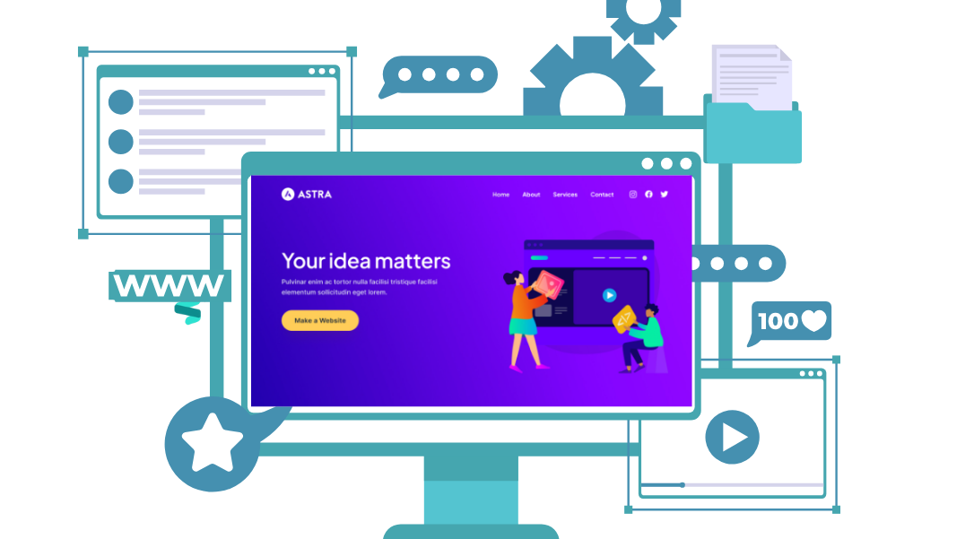 An illustration of computer showing WordPress theme named Astra