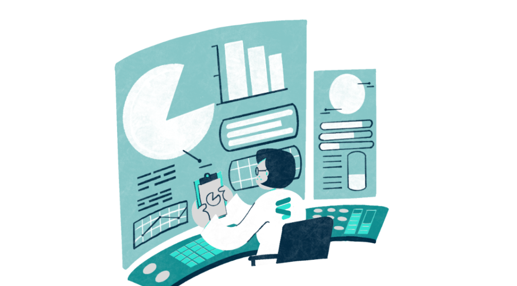 An illustration in which a web developer is analyzing different analytical features of a WordPress theme